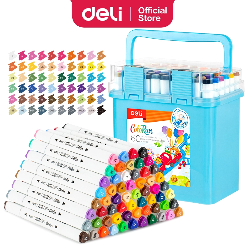 Deli Art Markers Set, 60 Colors Dual Tips Coloring Marker Pens